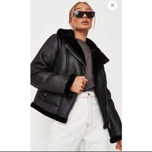 Black Faux Leather Aviator Jacket NWT - Missguided - Size 8